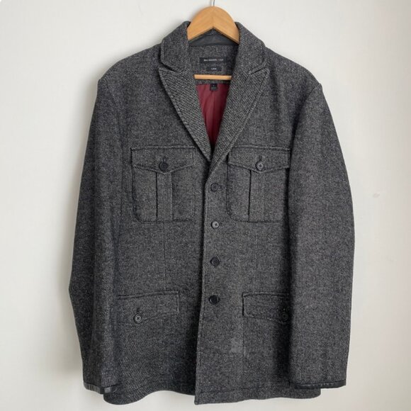 John Varvatos Wool Field Luxe Jacket Utility Herringbone Leather Trim Size L - Picture 1 of 13